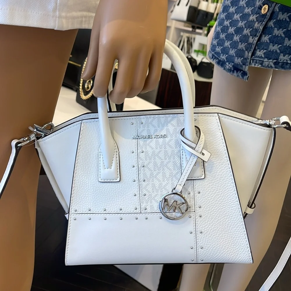 Michael Kors Avril Small Studded Patchwork and Signature Logo Satchel Crossbody - Picture 16 of 16